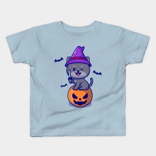 Cute Witch Cat Sitting On Pumpkin Halloween Holding Knife  Cartoon Kids T-Shirt